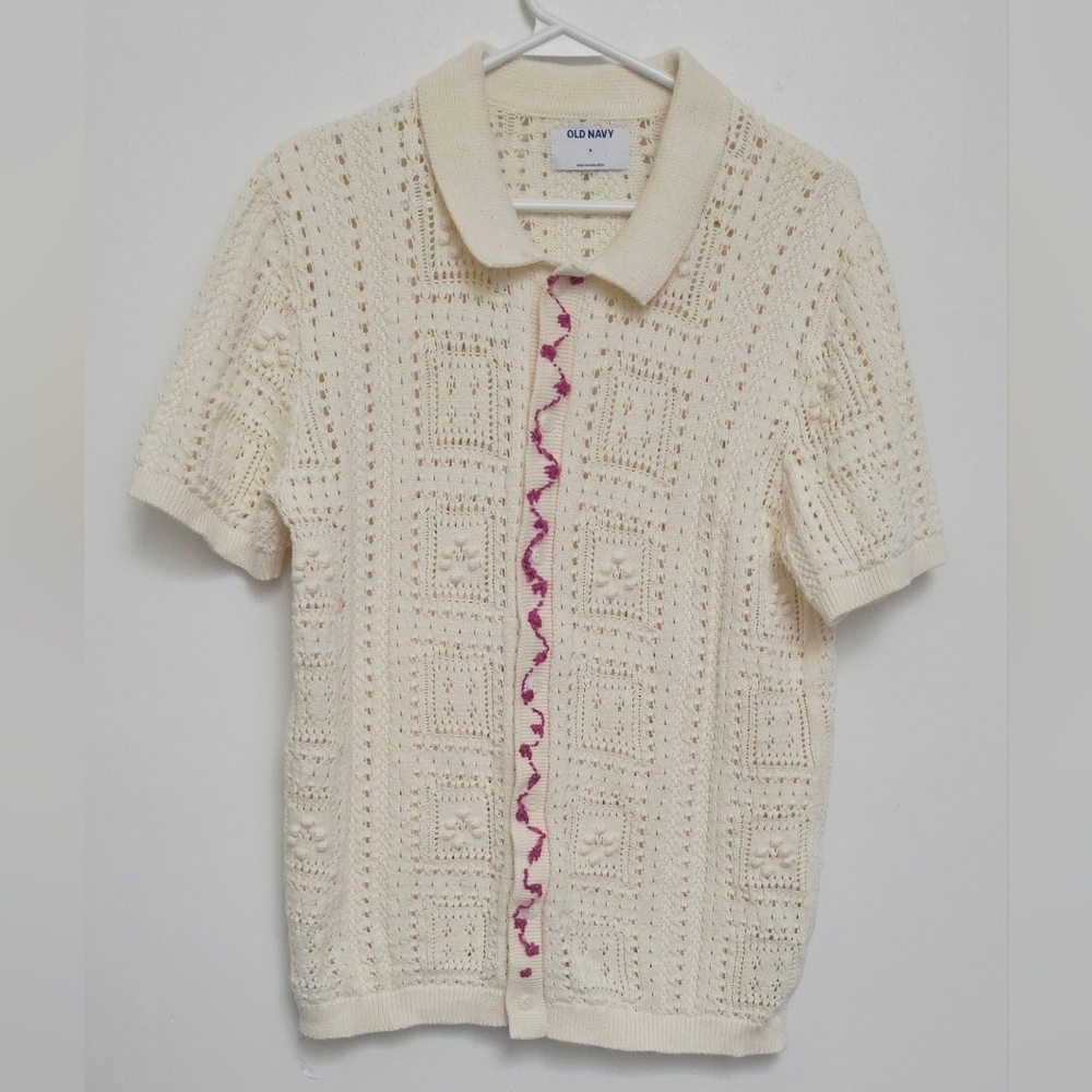 Old Navy Cream Crochet Short Sleeve Cardigan with Pink Trim